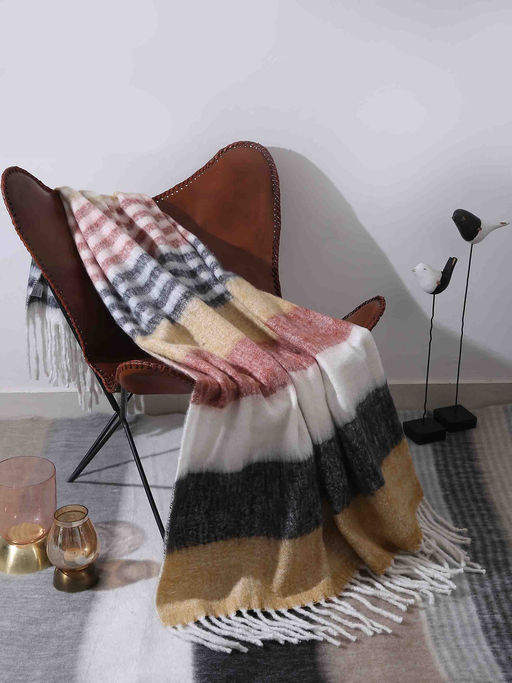 Revive Home Soft Wool Acrylic Throw In Hues Of Mustard Rust Ivory And Black