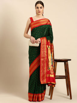 VARKALA SILK SAREES - Bottle Green & Red Soft Silk Double Pallu Pathani Saree With Unstitched Blouse