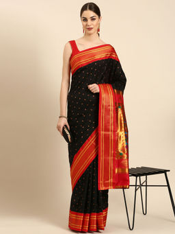 VARKALA SILK SAREES - Black & Red Soft Silk Double Pallu Pathani Saree With Unstitched Blouse