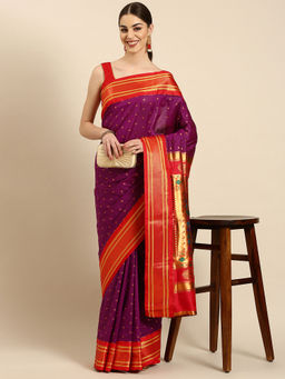 VARKALA SILK SAREES - Purple & Red Soft Silk Double Pallu Pathani Saree With Unstitched Blouse