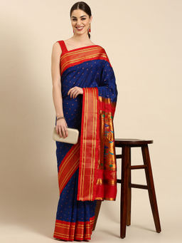 VARKALA SILK SAREES - Royal Blue & Red Soft Silk Double Pallu Pathani Saree With Unstitched Blouse