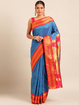 VARKALA SILK SAREES - Ferozi & Blue Soft Silk Double Pallu Pathani Saree With Unstitched Blouse