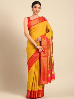VARKALA SILK SAREES - Mustard & Red Soft Silk Double Pallu Pathani Saree With Unstitched Blouse