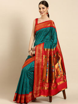 VARKALA SILK SAREES - Teal Rama & Red Soft Silk Double Pallu Pathani Saree With Unstitched Blouse