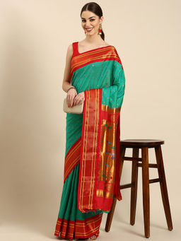 VARKALA SILK SAREES - Sea Green & Red Soft Silk Double Pallu Pathani Saree With Unstitched Blouse