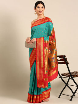 VARKALA SILK SAREES - Turquoise & Red Soft Silk Double Pallu Pathani Saree With Unstitched Blouse