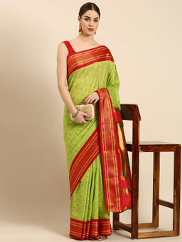 VARKALA SILK SAREES - Parrot Green & Red Soft Silk Double Pallu Pathani Saree With Unstitched Blouse