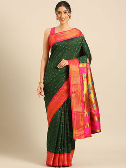 VARKALA SILK SAREES - Bottle Green & Pink Soft Silk Double Pallu Pathani Saree With Unstitched Blouse