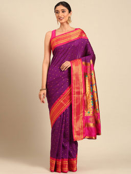 VARKALA SILK SAREES - Purple & Pink Soft Silk Double Pallu Pathani Saree With Unstitched Blouse