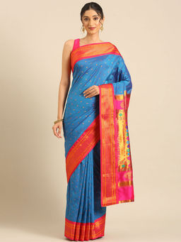 VARKALA SILK SAREES - Blue Ferozi & Pink Soft Silk Double Pallu Pathani Saree With Unstitched Blouse