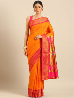 VARKALA SILK SAREES - Orange & Pink Soft Silk Double Pallu Pathani Saree With Unstitched Blouse