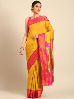 VARKALA SILK SAREES - Mustard & Pink Soft Silk Double Pallu Pathani Saree With Unstitched Blouse