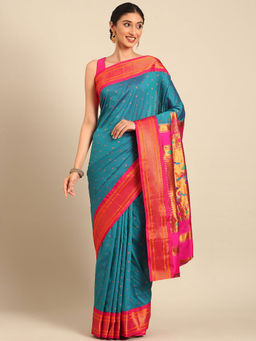 VARKALA SILK SAREES - Teal Rama & Pink Soft Silk Double Pallu Pathani Saree With Unstitched Blouse