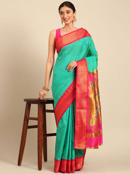 VARKALA SILK SAREES - Sea Green & Pink Soft Silk Double Pallu Pathani Saree With Unstitched Blouse