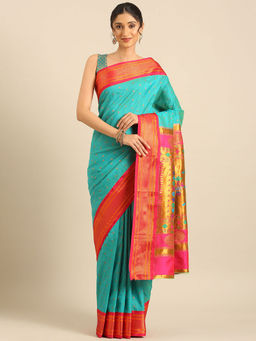 VARKALA SILK SAREES - Turquoise & Pink Soft Silk Double Pallu Pathani Saree With Unstitched Blouse