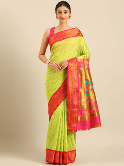 VARKALA SILK SAREES - Parrot Green & Pink Soft Silk Double Pallu Pathani Saree With Unstitched Blouse