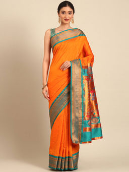 VARKALA SILK SAREES - Orange & Rama Soft Silk Double Pallu Pathani Saree With Unstitched Blouse
