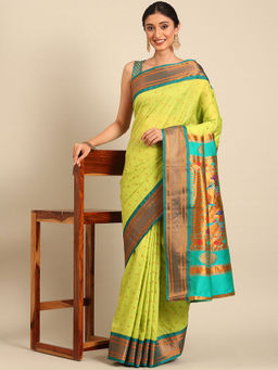 VARKALA SILK SAREES - Parrot Green & Rama Soft Silk Double Pallu Pathani Saree With Unstitched Blouse