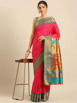 VARKALA SILK SAREES - Hot Pink & Rama Soft Silk Double Pallu Pathani Saree With Unstitched Blouse