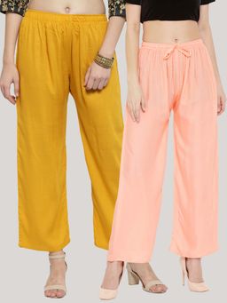 Clora Creation - Solid Mustard and Peach Rayon Palazzos (Pack Of 2)