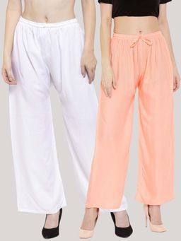 Clora Creation - Solid White and Peach Rayon Palazzos (Pack Of 2)