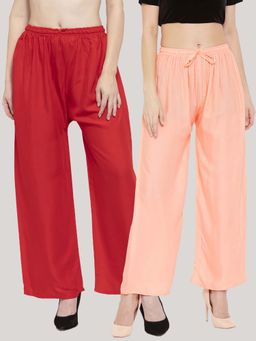 Clora Creation - Solid Red and Peach Rayon Palazzos (Pack Of 2)