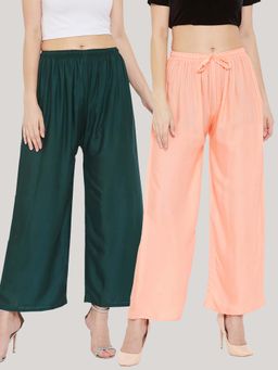 Clora Creation - Solid Bottle Green and Peach Rayon Palazzos (Pack Of 2)