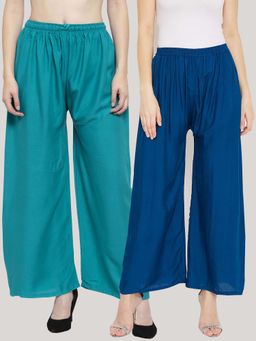 Clora Creation - Solid Turquoise and Aqua Blue Rayon Palazzos (Pack Of 2)