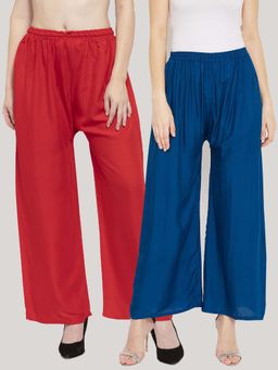 Clora Creation - Solid Red and Aqua Blue Rayon Palazzos (Pack Of 2)