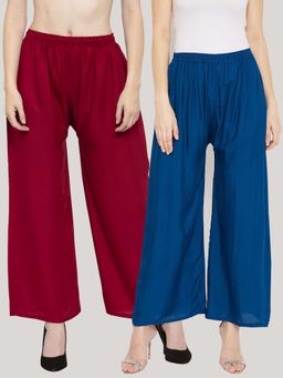 Clora Creation - Solid Maroon and Aqua Blue Rayon Palazzos (Pack Of 2)