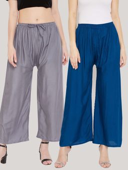 Clora Creation - Solid Grey and Aqua Blue Rayon Palazzos (Pack Of 2)