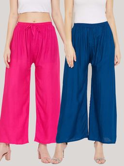 Clora Creation - Solid Pink and Aqua Blue Rayon Palazzos (Pack Of 2)