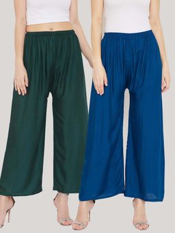 Clora Creation - Solid Bottle Green and Aqua Blue Rayon Palazzos (Pack Of 2)