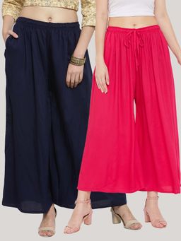 Clora Creation - Solid Navy Blue and Magenta Rayon Palazzos (Pack Of 2)