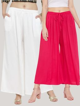 Clora Creation - Solid Off-White and Magenta Rayon Palazzos (Pack Of 2)