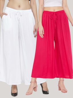 Clora Creation - Solid White and Magenta Rayon Palazzos (Pack Of 2)