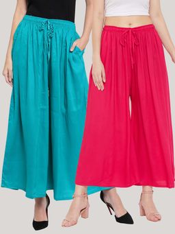 Clora Creation - Solid Turquoise and Magenta Rayon Palazzos (Pack Of 2)