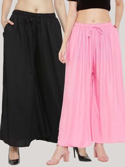 Clora Creation - Solid Black and Pink Rayon Palazzos (Pack Of 2)