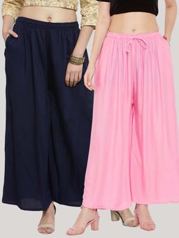 Clora Creation - Solid Navy Blue and Pink Rayon Palazzos (Pack Of 2)