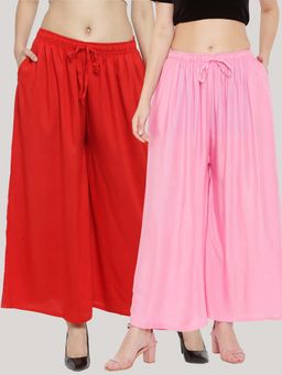 Clora Creation - Solid Red and Pink Rayon Palazzos (Pack Of 2)