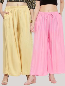 Clora Creation - Solid Beige and Pink Rayon Palazzos (Pack Of 2)