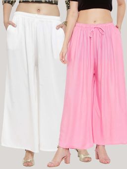 Clora Creation - Solid Off-White and Pink Rayon Palazzos (Pack Of 2)
