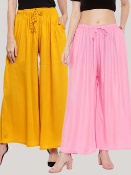 Clora Creation - Solid Mustard and Pink Rayon Palazzos (Pack Of 2)
