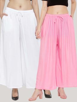 Clora Creation - Solid White and Pink Rayon Palazzos (Pack Of 2)