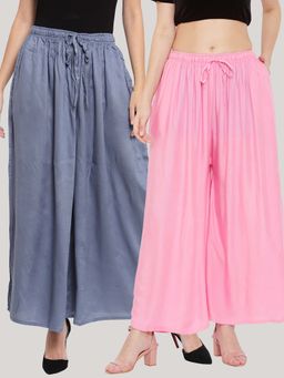 Clora Creation - Solid Grey and Pink Rayon Palazzos (Pack Of 2)