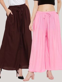 Clora Creation - Solid Coffee and Pink Rayon Palazzos (Pack Of 2)
