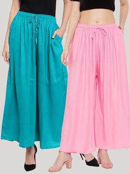 Clora Creation - Solid Turquoise and Pink Rayon Palazzos (Pack Of 2)