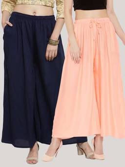 Clora Creation - Solid Navy Blue and Peach Rayon Palazzos (Pack Of 2)