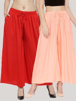 Clora Creation - Solid Red and Peach Rayon Palazzos (Pack Of 2)