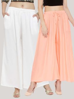 Clora Creation - Solid Off-White and Peach Rayon Palazzos (Pack Of 2)